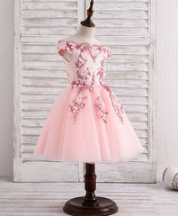 Modest Dress, Pink Tulle Lace Applique Short Flower Girl Dresses