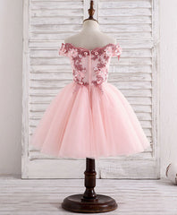 Prom Dress Pink, Pink Tulle Lace Applique Short Flower Girl Dresses