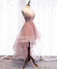 Homecoming Dress Bodycon, Pink Tulle Lace High Low Prom Dress, Pink Homecoming Dress