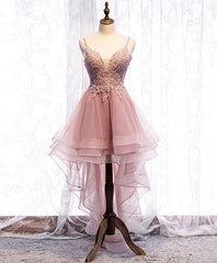 Homecoming Dresses Knee Length, Pink Tulle Lace High Low Prom Dress, Pink Homecoming Dress