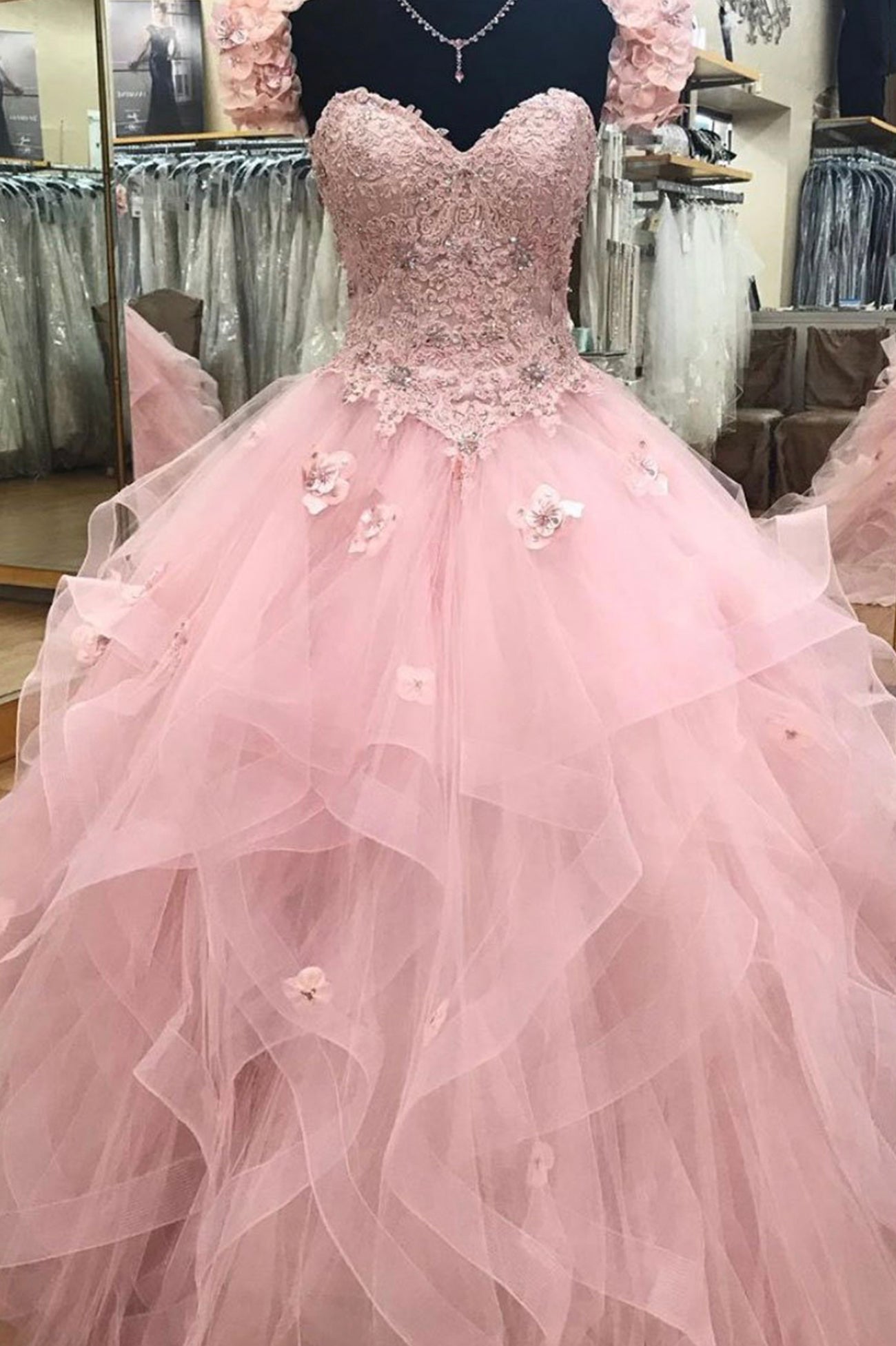 Prom Dress Sleeves, Pink Tulle Lace Long Ball Gown, A-Line Strapless Evening Dress Sweet 16 Dress
