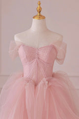 Bridesmaid Dresses Winter Wedding, Pink Tulle Lace Long Formal Dress, A-Line Off Shoulder Pink Prom Dress