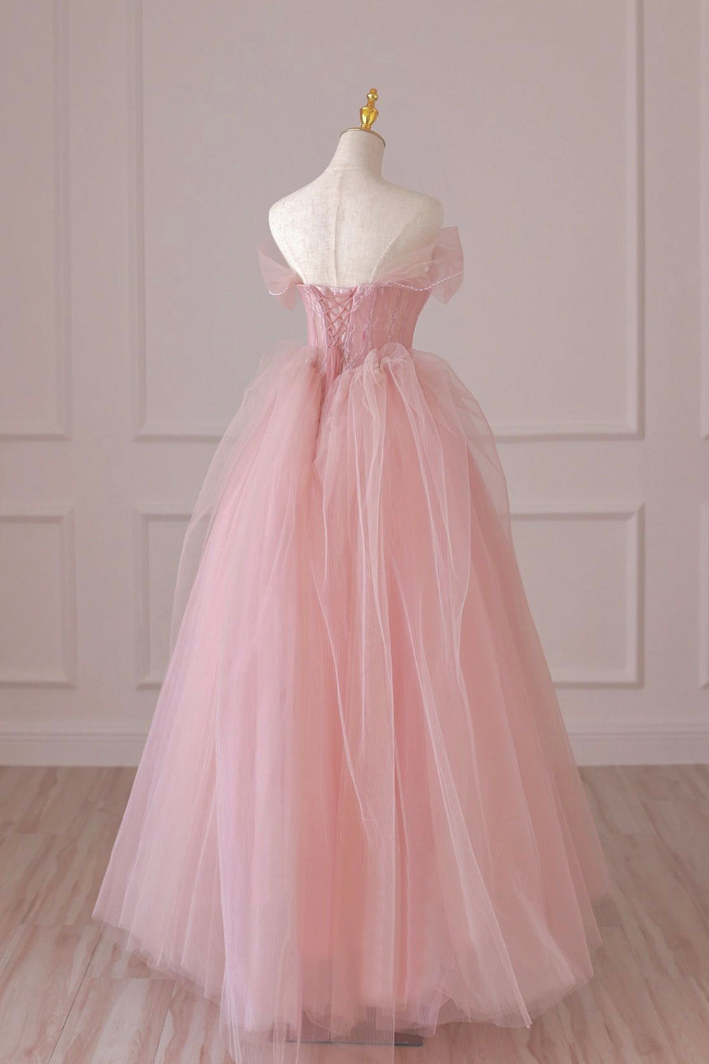 Bridesmaid Dresses For Winter Wedding, Pink Tulle Lace Long Formal Dress, A-Line Off Shoulder Pink Prom Dress