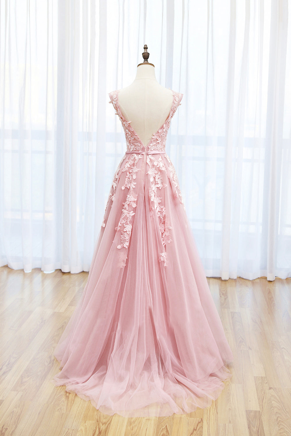 Wedding, Pink Tulle Lace Long Prom Dress, Lovely A-Line Open Back Evening Dress
