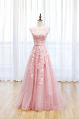 Bridesmaids Dresses Red, Pink Tulle Lace Long Prom Dress, Lovely A-Line Open Back Evening Dress