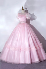 Prom Dress With Slit, Pink Tulle Lace Long Prom Dress, Lovely A-Line Short Sleeve Evening Dress