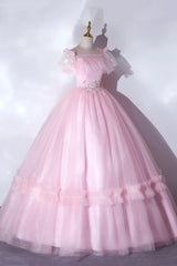 Prom Dresses With Slit, Pink Tulle Lace Long Prom Dress, Lovely A-Line Short Sleeve Evening Dress