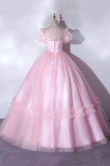 Prom Dresses Black, Pink Tulle Lace Long Prom Dress, Lovely A-Line Short Sleeve Evening Dress