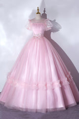 Prom Dress With Slits, Pink Tulle Lace Long Prom Dress, Lovely A-Line Short Sleeve Evening Dress