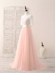 Party Dresses Shops, Pink Tulle Lace Long Prom Dress Pink Bridesmaid Dress