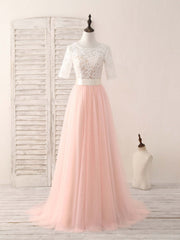 Party Dresses Shop, Pink Tulle Lace Long Prom Dress Pink Bridesmaid Dress