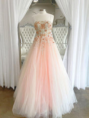 Homecoming Dresses Classy, Pink tulle lace long prom dress, pink lace long evening dress