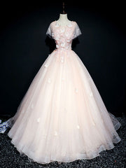 Black Tie Wedding, Pink tulle lace long prom dress, pink tulle lace evening dress