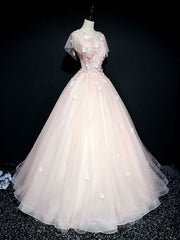 Long Sleeve Dress, Pink tulle lace long prom dress, pink tulle lace evening dress