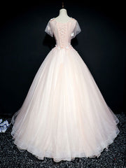 Summer Wedding, Pink tulle lace long prom dress, pink tulle lace evening dress