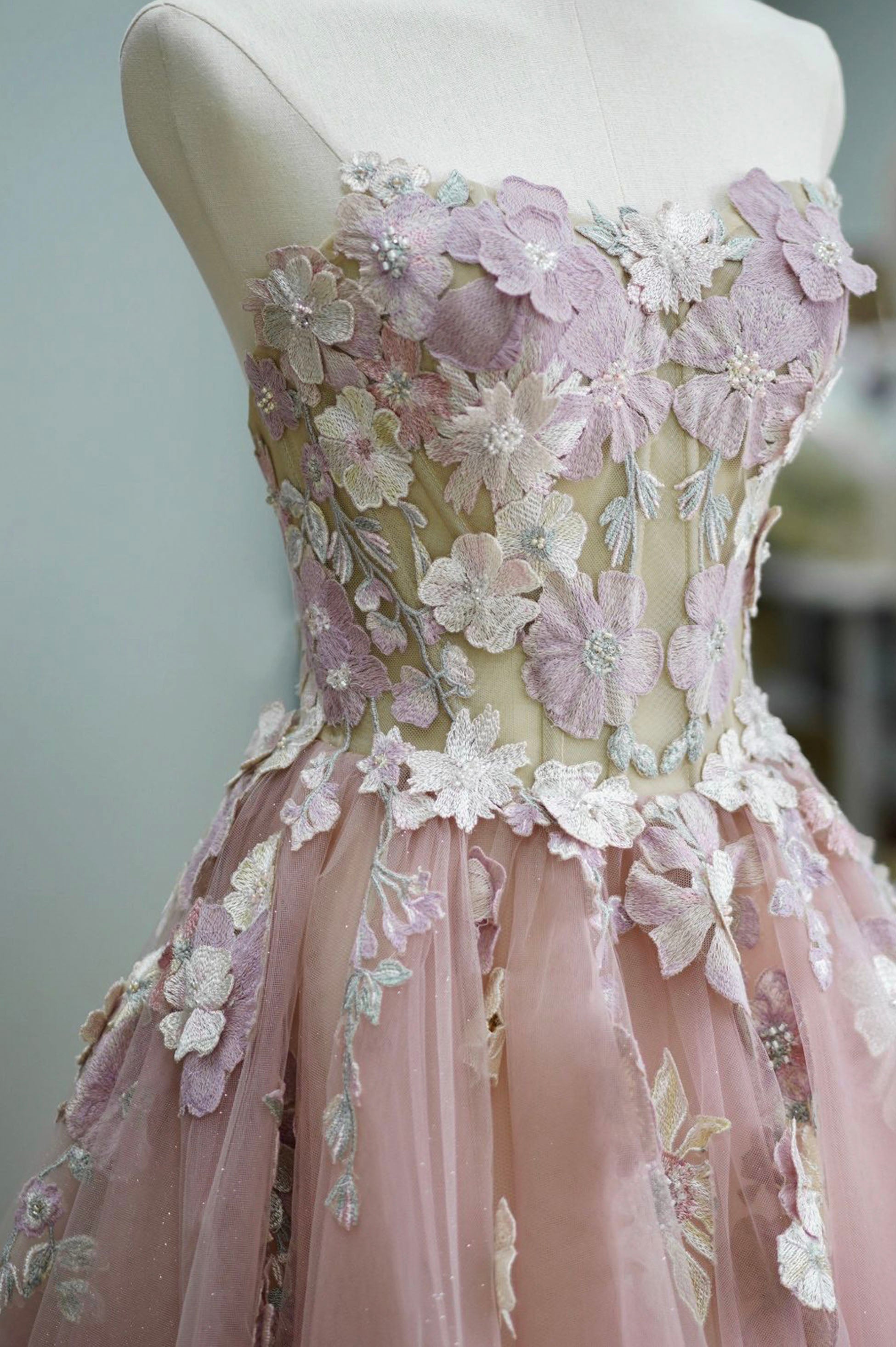 Flowy Dress, Pink Tulle Lace Long Prom Dress, Strapless A-Line Evening Graduation Dress