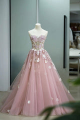 Design Dress, Pink Tulle Lace Long Prom Dress, Strapless A-Line Evening Graduation Dress