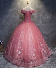 Homecomeing Dresses Vintage, Pink Tulle Lace Off Shoulder Long Prom Dress Pink Tulle Evening Dress