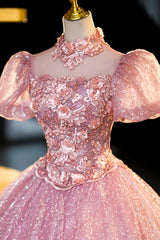 Prom Dress Curvy, Pink Tulle Lace Princess Dress, A-Line Evening Dress Sweet 16 Dress