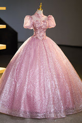 Prom Dresses Open Backs, Pink Tulle Lace Princess Dress, A-Line Evening Dress Sweet 16 Dress