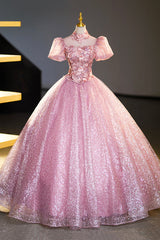 Prom Dresses Curvy, Pink Tulle Lace Princess Dress, A-Line Evening Dress Sweet 16 Dress