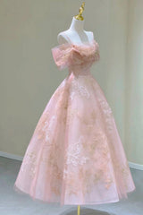 Girl Dress, Pink Tulle Lace Short A-Line Prom Dress, Cute Off the Shoulder Party Dress
