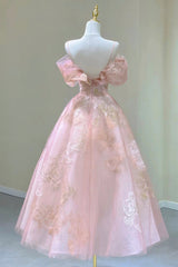 Vacation Dress, Pink Tulle Lace Short A-Line Prom Dress, Cute Off the Shoulder Party Dress