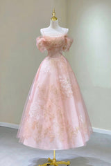 Long Prom Dress, Pink Tulle Lace Short A-Line Prom Dress, Cute Off the Shoulder Party Dress