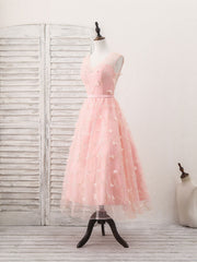 Prom Dresses Spring, Pink Tulle Lace Tea Length Prom Dress, Pink Homecoming Dress