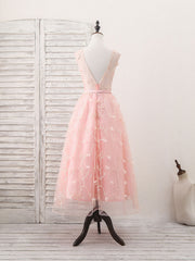 Prom Dress Spring, Pink Tulle Lace Tea Length Prom Dress, Pink Homecoming Dress