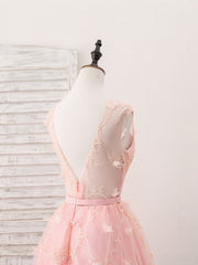 Prom Dress A Line, Pink Tulle Lace Tea Length Prom Dress, Pink Homecoming Dress