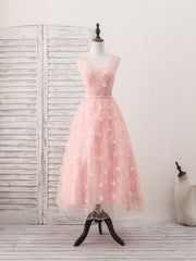 Prom Dress Princesses, Pink Tulle Lace Tea Length Prom Dress, Pink Homecoming Dress