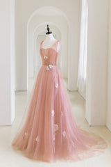 Evening Dresses 3 6 Sleeve, Pink Tulle Long A-Line Prom Dress, Lovely Pink Evening Graduation Dress