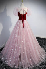 Beauty Dress Design, Pink Tulle Long A-Line Prom Dress, Lovely Short Sleeve Evening Party Dress