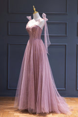 Bridesmaids Dress Convertible, Pink Tulle Long A-Line Prom Dress, Pink Evening Dress with Corset