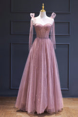 Bridesmaid Dresses Convertible, Pink Tulle Long A-Line Prom Dress, Pink Evening Dress with Corset