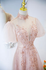 Prom Dress Websites, Pink Tulle Long A-Line Prom Dress, Pink Short Sleeve Evening Party Dress
