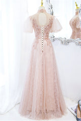 Prom Dress Sites, Pink Tulle Long A-Line Prom Dress, Pink Short Sleeve Evening Party Dress