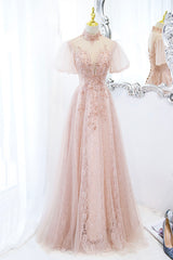 Prom Dresses Websites, Pink Tulle Long A-Line Prom Dress, Pink Short Sleeve Evening Party Dress