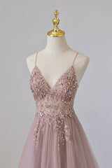 Bridesmaid Dress By Color, Pink Tulle Long A-Line Prom Dress, Pink Spaghetti Formal Dress with Beaded