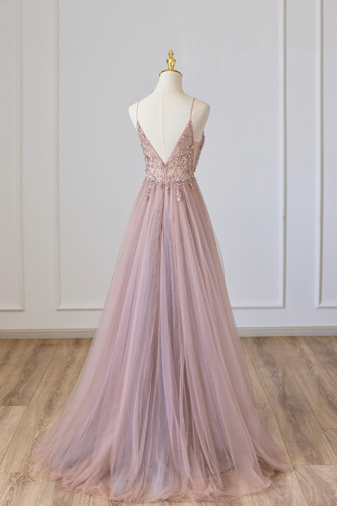 Bridesmaids Dress Trends, Pink Tulle Long A-Line Prom Dress, Pink Spaghetti Formal Dress with Beaded