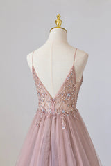 Bridesmaid Dresses Trends, Pink Tulle Long A-Line Prom Dress, Pink Spaghetti Formal Dress with Beaded