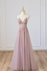 Bridesmaids Dresses By Color, Pink Tulle Long A-Line Prom Dress, Pink Spaghetti Formal Dress with Beaded