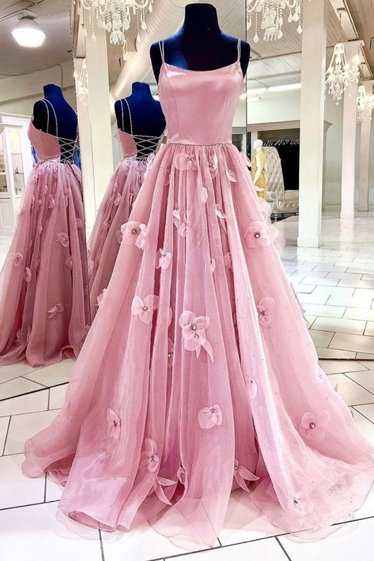 Prom Dresses 2024 Long Sleeve, Pink Tulle Long A-Line Prom Dress, Pink Spaghetti Strap Backless Evening Dress