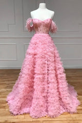 Formal Dresses Wedding Guest, Pink Tulle Long A-Line Prom Dress, Pink Sweetheart Neckline Evening Gown