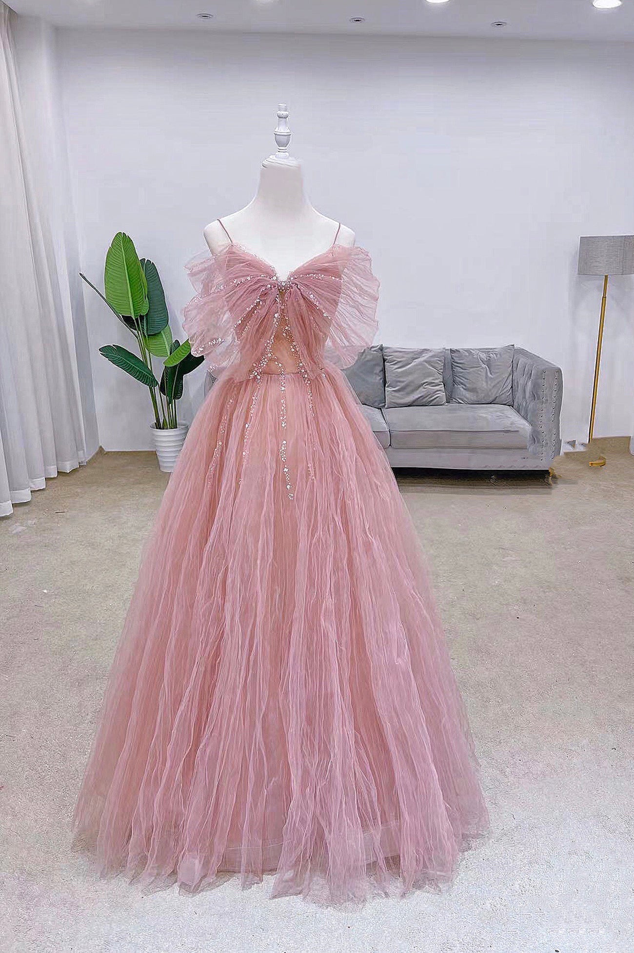 Evening Dresses For Sale, Pink Tulle Long A-Line Prom Dress with Bow, Pink Evening Graduation Dress