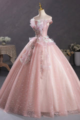 Bridesmaid Dress Colours, Pink Tulle Long A-Line Prom Dress with Lace, Off Shoulder Sweet 16 Dress