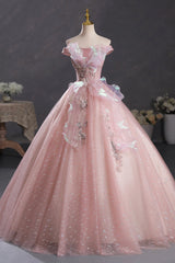 Bridesmaids Dressing Gowns, Pink Tulle Long A-Line Prom Dress with Lace, Off Shoulder Sweet 16 Dress
