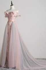 Evening Dresses Off The Shoulder, Pink Tulle Long A-Line Prom Dress with Train, Off the Shoulder Formal Evening Dress