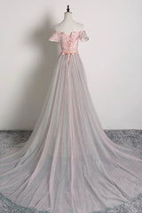 Evening Dresses Midi, Pink Tulle Long A-Line Prom Dress with Train, Off the Shoulder Formal Evening Dress